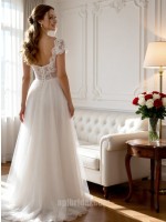 White Plunging V-Neck Lace Patchwork Form-Fitting A-Line Airy Tulle Wedding Gown with Sweep Train
